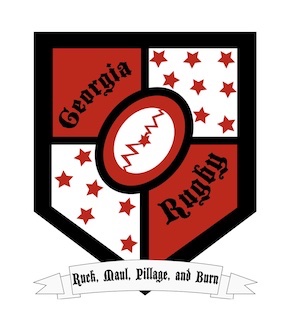 image of red and black georgia rugby crest with text saying Ruck Maul Pillage and Burn at the bottom